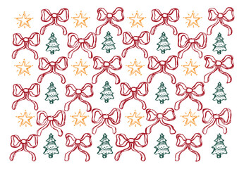 Christmas pattern, hand drawn. Bows and christmas tree. Isolated festive vector illustration.