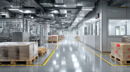Obraz premium sterile corridor inside contemporary cleanroom or factory floor, showcasing advanced machinery, sealed walls, pallets of finished goods. Facility represents high-tech, quality, precision manufacturing