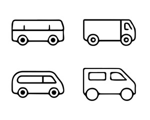 Minimalist Van and Bus Outline Icons: Line Art Vector Set of Delivery, Cargo, Minibus, and Commercial Vehicles. Transportation Graphics for Web, App, and UI Design.