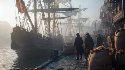 old world port with large wooden sailing ships docked by a wet, cobblestone quay. Two mysterious figures stand with their backs turned, evoking historical fiction, piracy, or 17th-century trade.