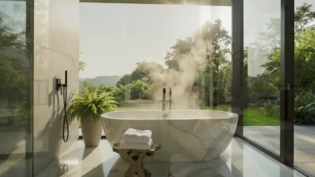 Modern bathroom interior design with open window marble bathtub plants and natural light