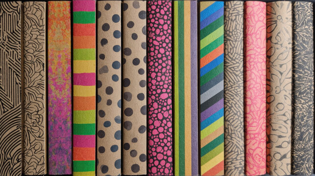 Craft paper rolling paper booklets lined up vertically. The covers feature various vibrant and abstract patterns, including stripes, polka dots, organic lines, creating a colorful texture background.