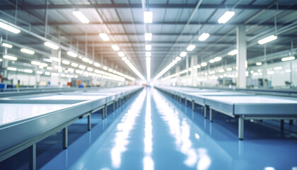 Obraz premium Bright industrial factory interior with long metal tables and reflective blue floor, illuminated by overhead lights creating clean and spacious atmosphere