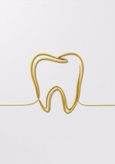 Golden continuous line art tooth on white background for dentistry website, dental clinic decor, oral hygiene poster, or health care advertisement, flyer with copy space
