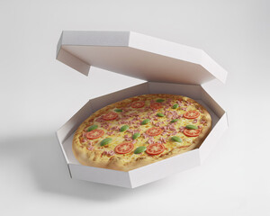 Caixa de pizza branca, com pizza dentro flutuando no cenário branco