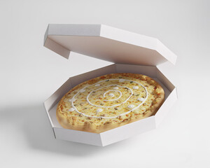 Caixa de pizza branca, com pizza dentro flutuando no cenário branco