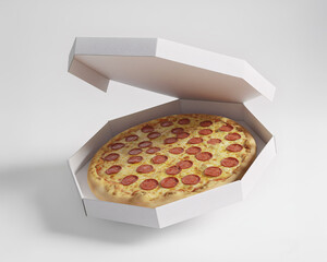 Caixa de pizza branca, com pizza dentro flutuando no cenário branco