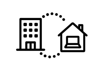 Minimal black hybrid work icon showing office and house connection, ideal for designs about workplace flexibility, freelance, and productivity.