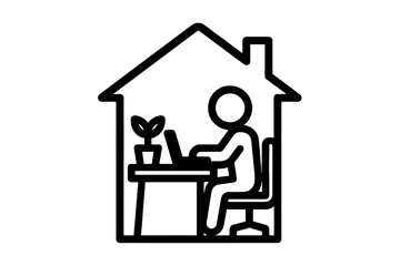 Black vector icon of a person working from home with laptop and plant, symbolizing hybrid work, flexibility, and modern remote lifestyle.