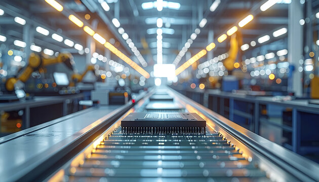 Microchip on conveyor belt in modern electronics factory with robotic arms and bright industrial lighting creating focused and dynamic atmosphere