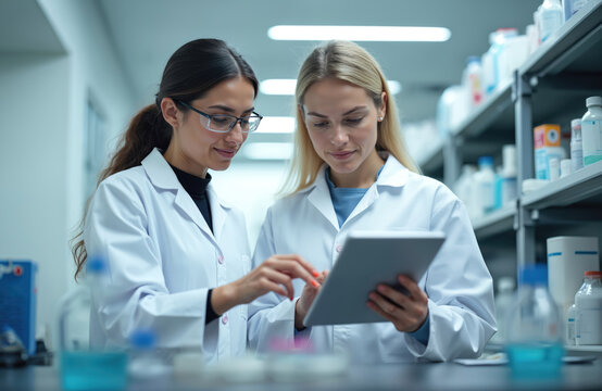 Two women scientists review experiment results on tablet in lab. One points at screen showing data, discussing findings with colleague. Shelves with medical supplies in background. Teamwork in