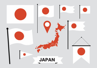Japan Flag and Map Vector Set, Japanese National Symbols, Travel Icons, Pins and Banners Collection