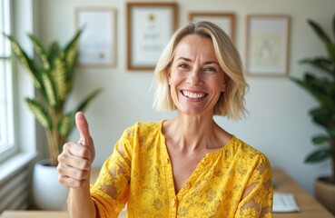 Blonde woman with radiant smile gives thumbs up gesture indoors. She wears yellow shirt, showing approval, positive vibes. Concept of success. Woman in bright office with home plants