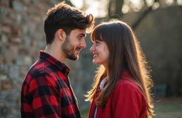 Fototapeta premium Teen couple share tender moment outdoors on Valentines Day. Young man, woman gaze lovingly at, enjoying first date. Wear warm clothing, creating cozy atmosphere for romantic encounter.