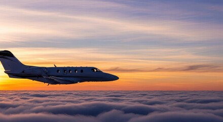 Fototapeta premium Silhouetted private jet above sunset-tinted clouds, tranquil high-altitude flight with gradient sky backdrop