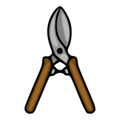 Stylized vector illustration of gardening secateurs with a metallic blade and brown handles, isolated on a white background.