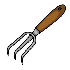 A vector illustration of a hand-held garden cultivator with a brown wooden handle and three curved metal tines, isolated on a white background.