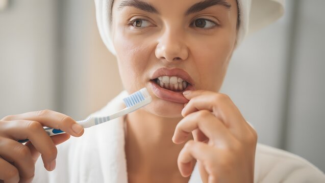 Young woman looking at her red bleeding gums