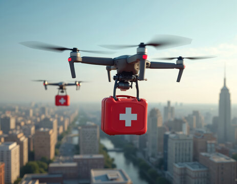 Drones fly over city skyline carrying red medical kits. Unmanned aerial vehicles provide urgent healthcare aid. Technology advances emergency medical transport service in urban areas.