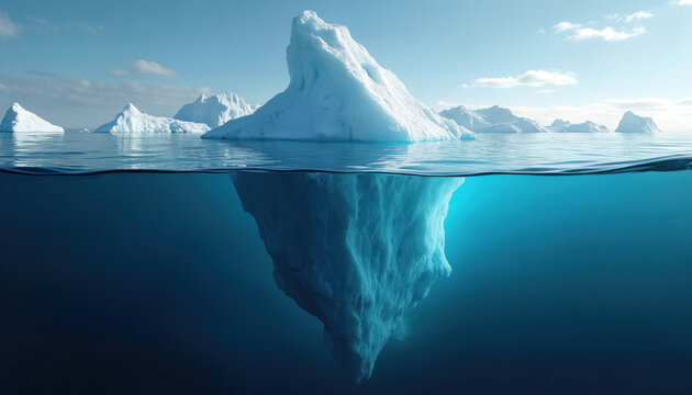 Large iceberg floats in ocean with of mass underwater. Iceberg tip visible above calm blue water surface. Icebergs in background against clear sky. Hidden dangers unseen potential concept. - Powered by Adobe