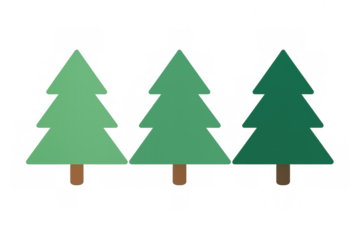 Three simple pine trees in varying green shades, creating a minimalist forest design concept, isolated on transparent background