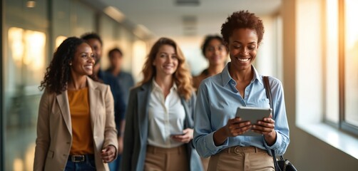 Group of business women walk in office hallway. Black woman holding tablet smiles. Diverse team discuss work. Female employees at workplace during meeting. Concept of teamwork success and corporate.