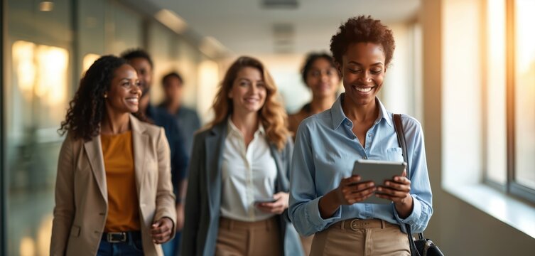 Group of business women walk in office hallway. Black woman holding tablet smiles. Diverse team discuss work. Female employees at workplace during meeting. Concept of teamwork success and corporate. - Powered by Adobe