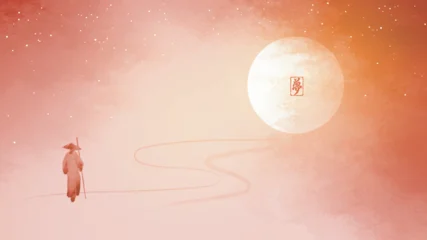 Minimalist vector illustration inspired by East Asian art. A Zen monk with staff walks a winding path towards a bright moon with calligraphy, set against a dreamy red-orange night sky. Meditative, spi © elinacious