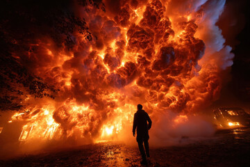 Obraz premium Large explosion illuminates night sky as flames consume nearby building during fire incident