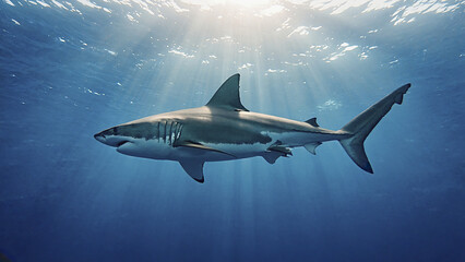 Obraz premium Shark swimming underwater with sunlight rays penetrating deep ocean water, showcasing sleek body and powerful fins in serene marine environment