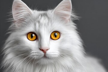 Charming Turkish Angora Cat with Golden Eyes and Fluffy White Fur on a Soft Grey Background