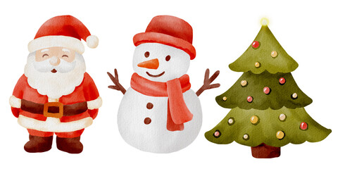 Christmas watercolor clipart set with Santa Claus, snowman, Christmas tree, gifts, candy canes and holiday cookies