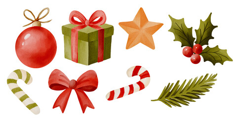 Watercolor Christmas clipart bundle with gingerbread cookies, tree, ornaments, holly, Santa and snowman for holiday design