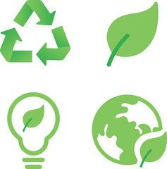Collection of green eco-friendly and sustainability icons. Clean environment, nature, and renewable energy symbols including leaf, recycle, and earth icons. Modern minimal vector illustration