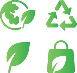 Obraz premium Collection of green eco-friendly and sustainability icons. Clean environment, nature, and renewable energy symbols including leaf, recycle, and earth icons. Modern minimal vector illustration