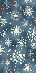 Beautiful White Snowflake Patterns Falling Down on a Blue Background, Winter Geometric Design