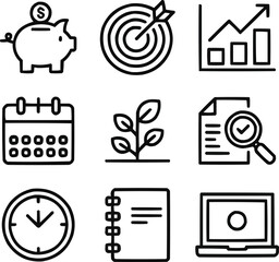 Financial Planning Outline Icon Collection Savings, Target, Growth, and Monthly Reports