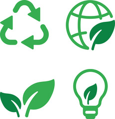 Collection of green eco-friendly and sustainability icons. Clean environment, nature, and renewable energy symbols including leaf, recycle, and earth icons. Modern minimal vector illustration