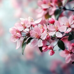 Obraz premium Blossoming Pink Flowers on a Tree Branch Showcasing Spring Beauty in a Serene Garden