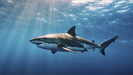 Fototapeta premium Great white shark swimming in clear blue ocean water with sunlight rays penetrating surface, showcasing sleek body and powerful fins in calm underwater scene