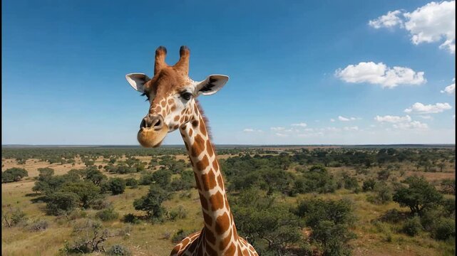 Encountering a Majestic Giraffe in its Natural Habitat Under a Clear Blue Sky