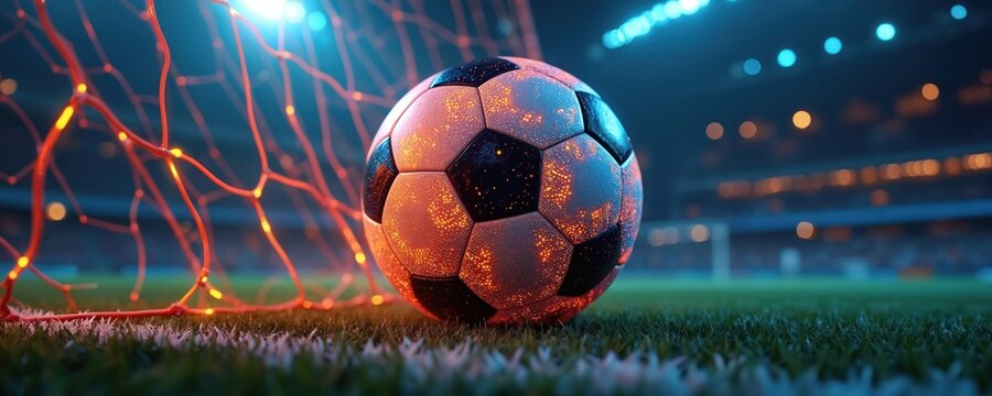 Luminous digital soccer ball with glowing patterns rests on green grass inside illuminated goal net. Night game in pro stadium with bright blurry lights. Captures high stakes sport competition,