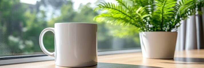 White Ceramic Mug on Light Table by Clear Glass Window Featuring Lush Green Fern and Calm Atmosphere