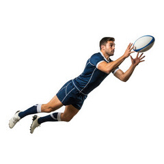 Rugby player in blue uniform diving to catch ball isolated on a transparent background male athlete