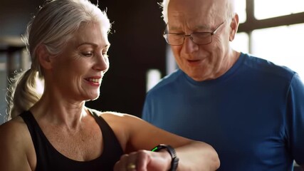 Active senior couple checking fitness tracker after workout demonstrating healthy lifestyle and modern technology use in retirement. - Powered by Adobe