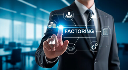 A person interacting with factoring interface, modern business concept.