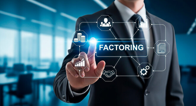 A person interacting with factoring interface, modern business concept.