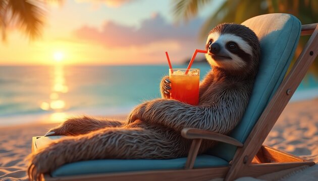 Illustration of a sloth relaxing on beach chair with tropical drink at sunset. Sloth enjoys vacation, sipping cocktail near ocean. Funny animal illustration at the seaside leisure.