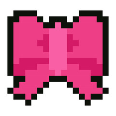 Bright pink pixel art bow in retro 8 bit style. Perfect for greeting cards, Valentines Day visuals, kawaii aesthetics, feminine branding, mobile app icons, pixel fashion games or festive design