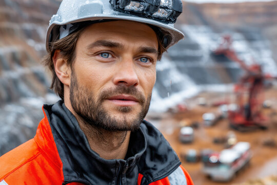 Mining safety in the quarry during a rainy day with a focused worker in protective gear